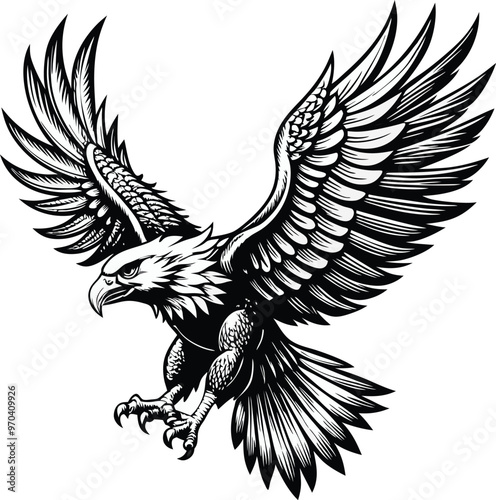 An eagle with a black and white background with a black outline of an eagle