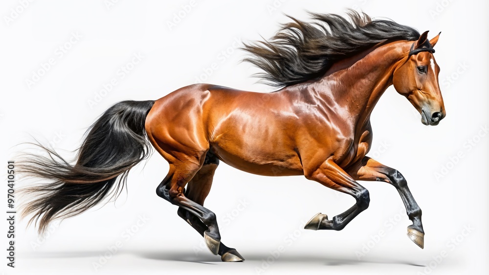 Magnificent brown horse in full gallop, mane and tail flowing, isolated on transparent background, showcasing Freedom and unbridled energy in a stunning equestrian portrait. Magnificent brown horse in full gallop, mane and tail flowing, isolated on transparent background, showcasing Freedom and unbridled energy in a stunning equestrian portrait.