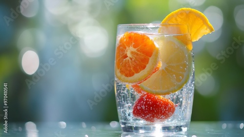 A glass of refreshing sparkling water with orange, lemon, and strawberry slices.