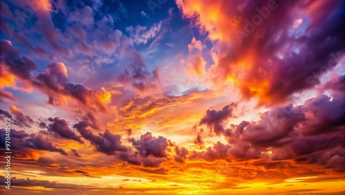 Vibrant panoramic sunset sky displays a kaleidoscope of orange, pink, purple, and yellow hues, evoking an ethereal, peaceful, and uplifting summer atmosphere.