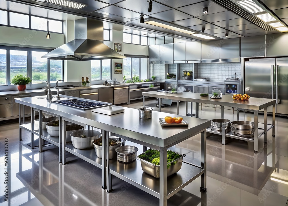 Sleek metal tables and modern kitchen equipment fill a well-organized cooking space, showcasing a professional kitchen design ideal for busy restaurants and cafes. Sleek metal tables and modern kitchen equipment fill a well-organized cooking space, showcasing a professional kitchen design ideal for busy restaurants and cafes.