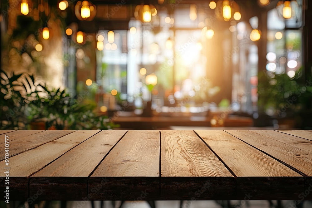 Empty wooden table with blurred restaurant background , ai Empty wooden table with blurred restaurant background , ai