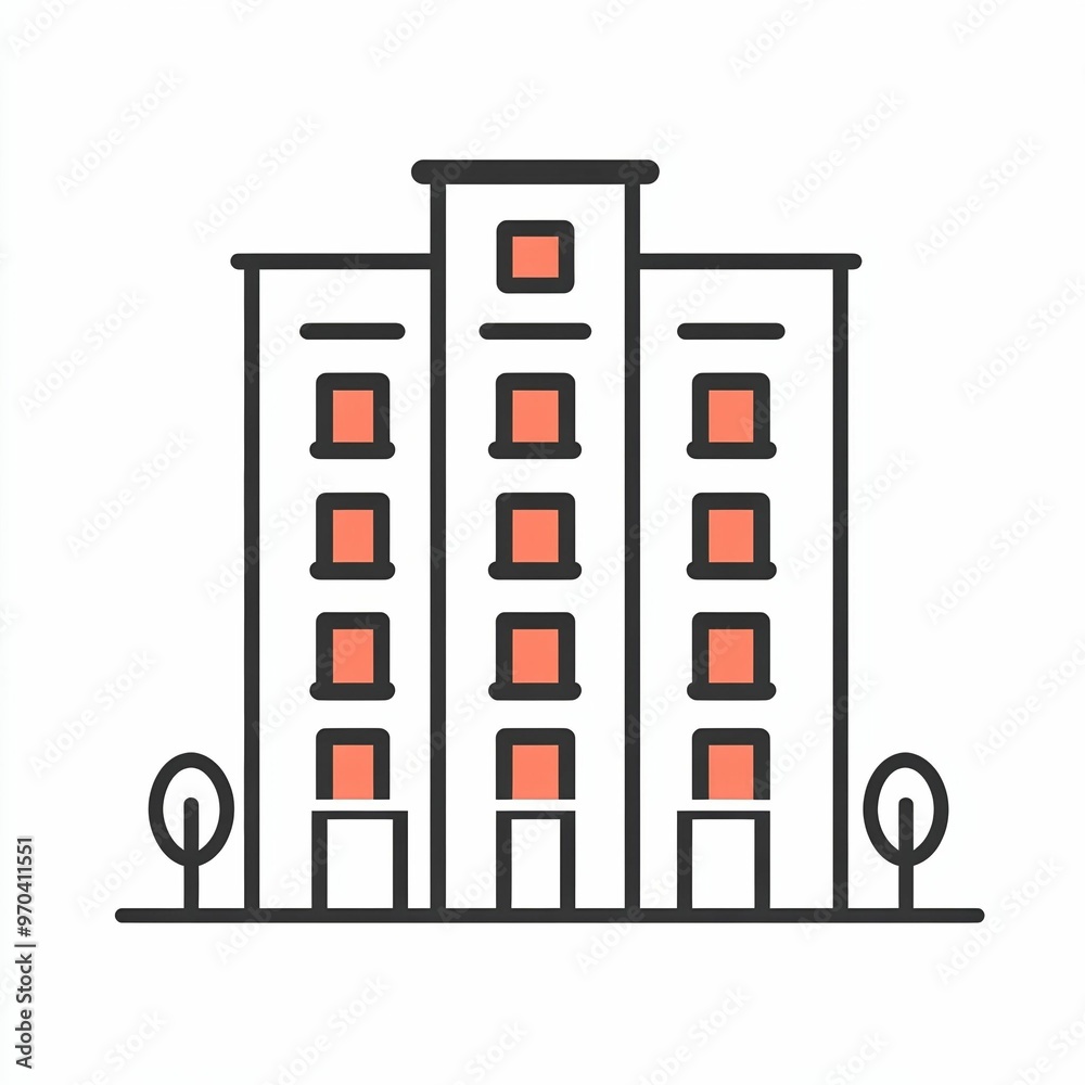 A modern apartment building stands tall with several balconies. Two trees frame the entrance, creating a welcoming environment in a minimalist style A modern apartment building stands tall with several balconies. Two trees frame the entrance, creating a welcoming environment in a minimalist style