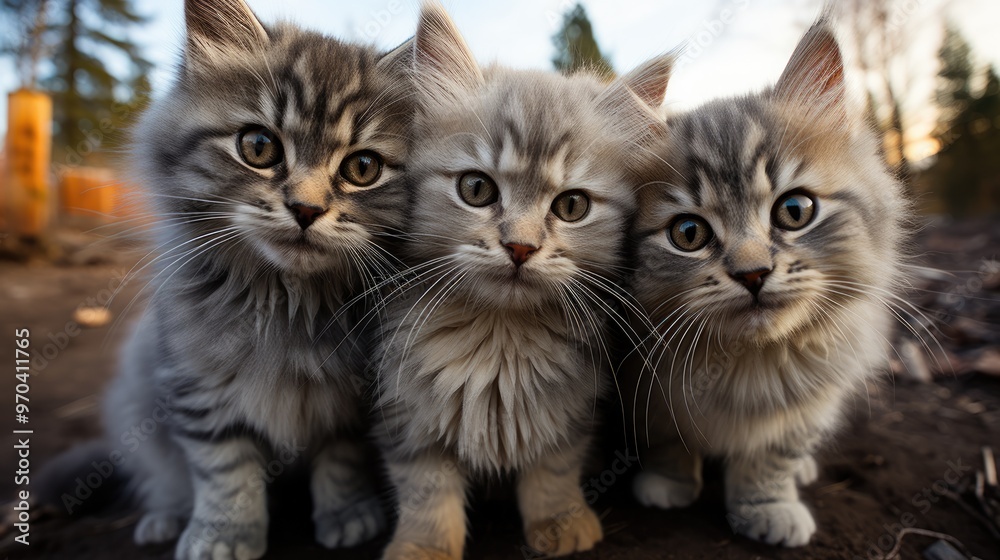 cute four gray kittens making selfie in park. cute four gray kittens making selfie in park.