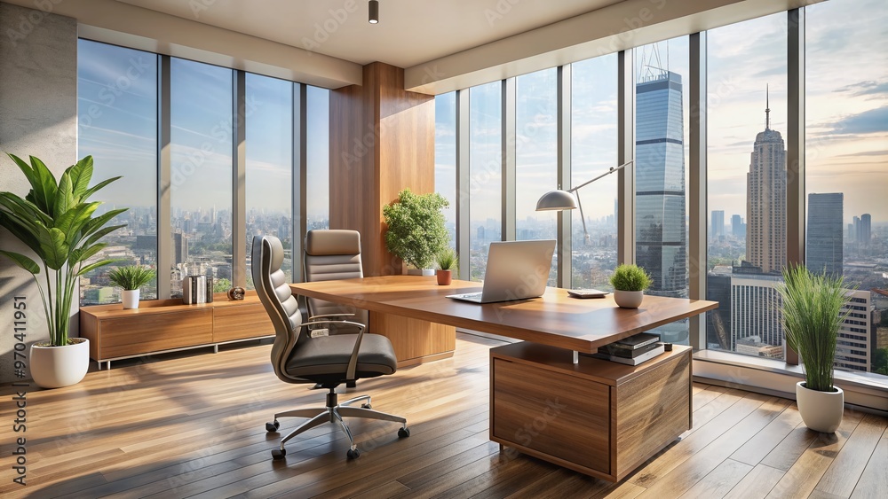 Fototapeta premium Modern office interior with sleek wooden desk, ergonomic chair, and large window overlooking cityscape, filled with natural light and minimalist decor.