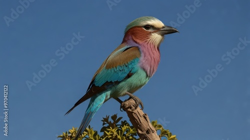 Lilac-breasted Roller Bird Perched on Branch