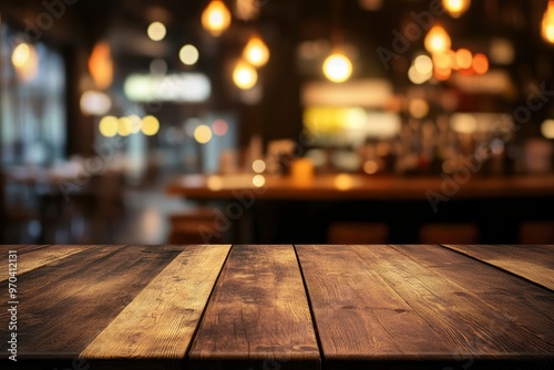 Empty wooden table with blurred restaurant background , ai