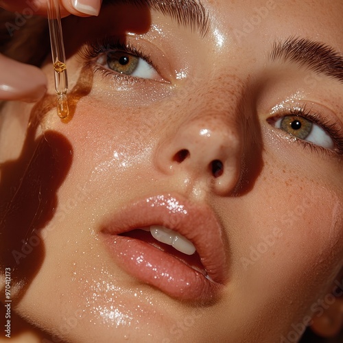 Close-up of a woman applying facial serum, glowing skin, golden light.