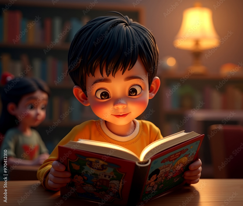 Little bookworm enjoying a storybook in the quiet ambiance of a community library Little bookworm enjoying a storybook in the quiet ambiance of a community library
