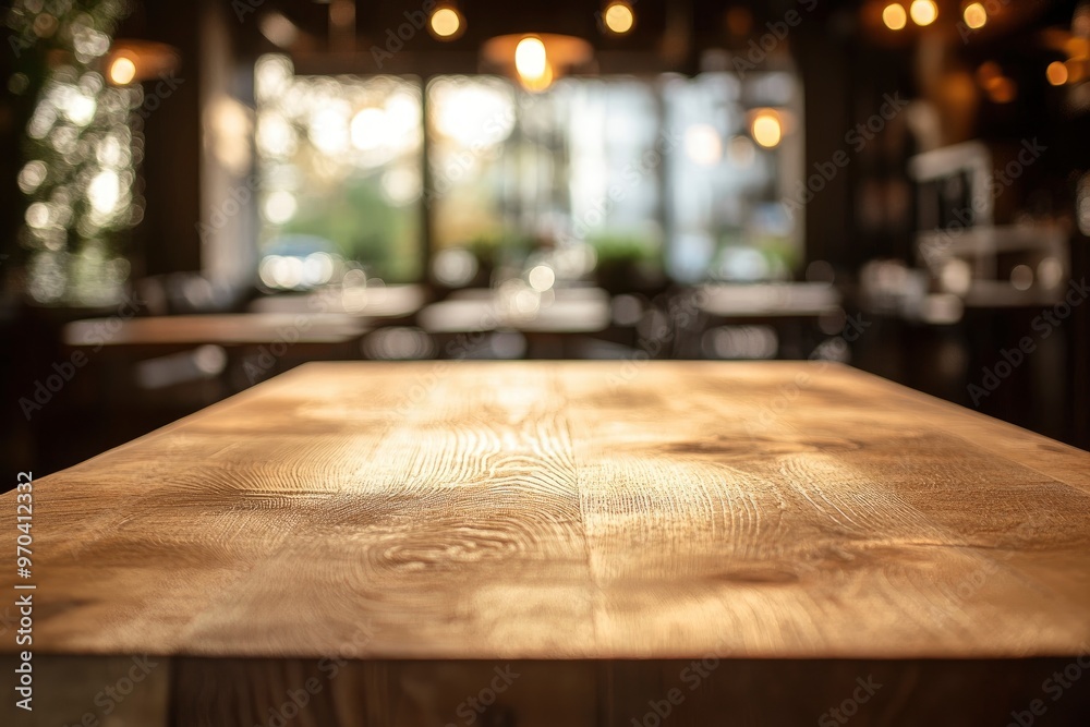 Empty wooden table with blurred restaurant background , ai Empty wooden table with blurred restaurant background , ai