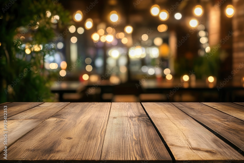Empty wooden table with blurred restaurant background , ai Empty wooden table with blurred restaurant background , ai