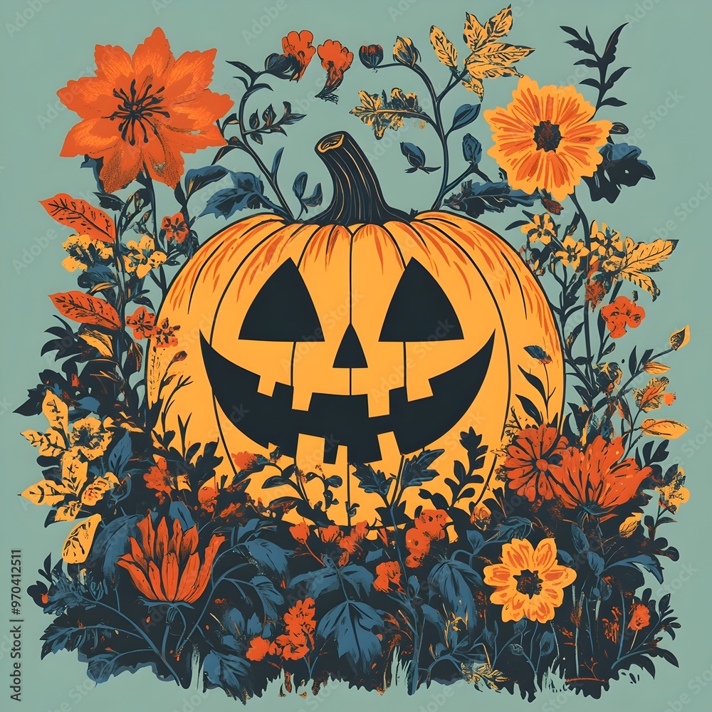 Enchanting Autumnal Pumpkin Silhouette Surrounded by Vibrant Floral Patterns in a Haunted Meadow Backdrop