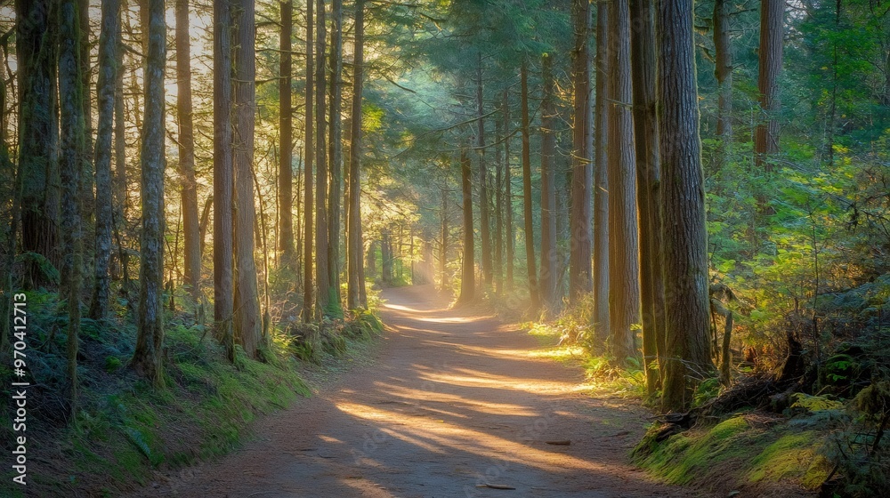 Fototapeta premium A sunlit path winds through a dense forest, sunlight filtering through the tall trees.
