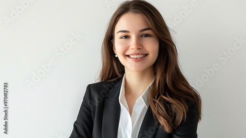 Beautiful Young Businesswoman Smiling at Camera, White Background, Portrait Shot