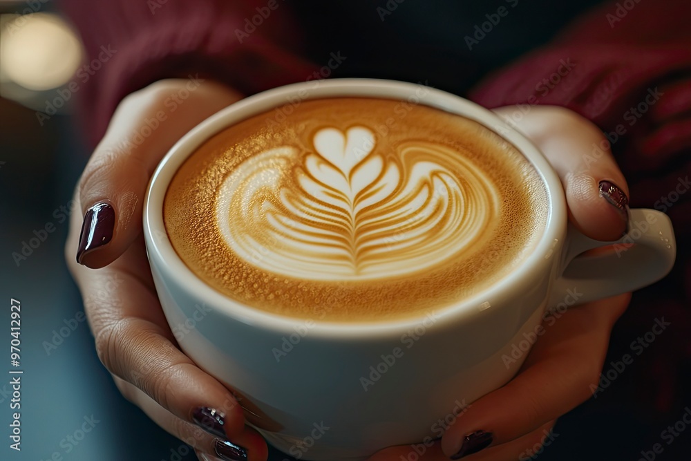 Coffee cup, hands and woman with latte art, caffeine and restaurant for cappuccino. Customer, hospitality and milk with foam for female person, morning and barista for breakfast in store or cafe, ai Coffee cup, hands and woman with latte art, caffeine and restaurant for cappuccino. Customer, hospitality and milk with foam for female person, morning and barista for breakfast in store or cafe, ai