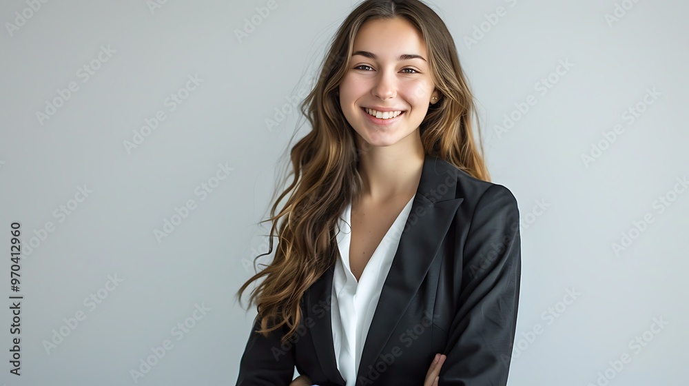 Beautiful Young Businesswoman Smiling at Camera, White Background, Portrait Shot Beautiful Young Businesswoman Smiling at Camera, White Background, Portrait Shot