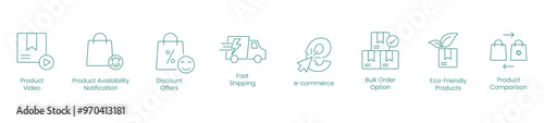 Product Video, Product Availability Notification, Discount Offers, Fast Shipping, E-Commerce, Bulk Order Option, Eco-Friendly Products, Product Comparison - Vector Icon Set
