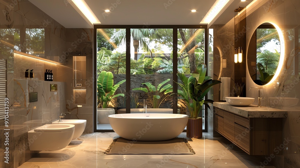 Bathroom with smart mirror, stylish fixtures, and luxurious feel Bathroom with smart mirror, stylish fixtures, and luxurious feel