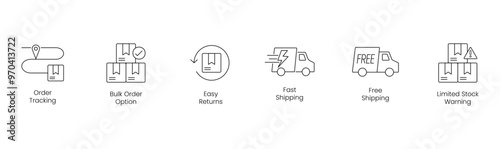 Order Tracking, Bulk Order Option, Easy Returns, Fast Shipping, Free Shipping, Limited Stock Warning - Vector Icon Set