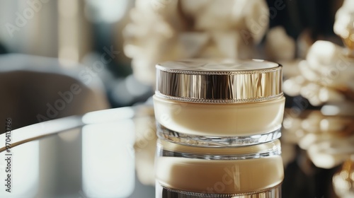 Luxury skincare jar with gold lid on a glass table. Creamy product in a clear glass jar reflects in the surface.