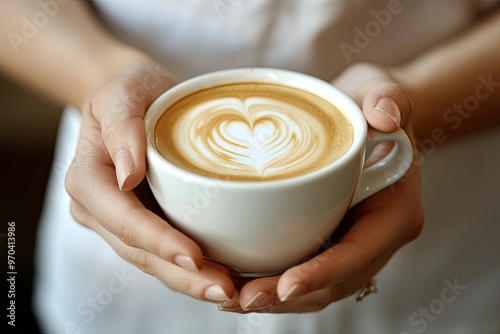 Coffee cup, hands and woman with latte art, caffeine and restaurant for cappuccino. Customer, hospitality and milk with foam for female person, morning and barista for breakfast in store or cafe , ai