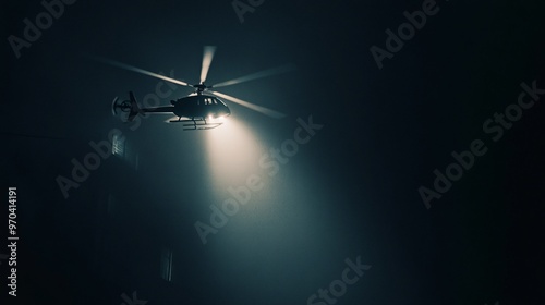 A dramatic scene of a helicopter flying through fog, spotlight illuminating the darkness, creating an intense atmosphere. photo