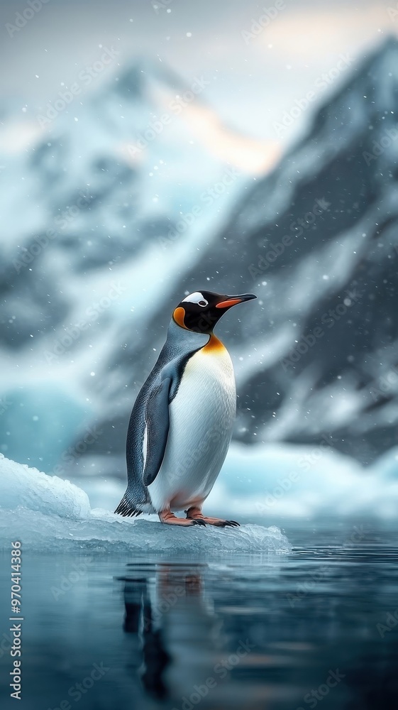 Fototapeta premium Captivating penguin on an icy shore, with the Northern Lights casting a vibrant glow that highlights its sleek feathers and snowy surroundings.