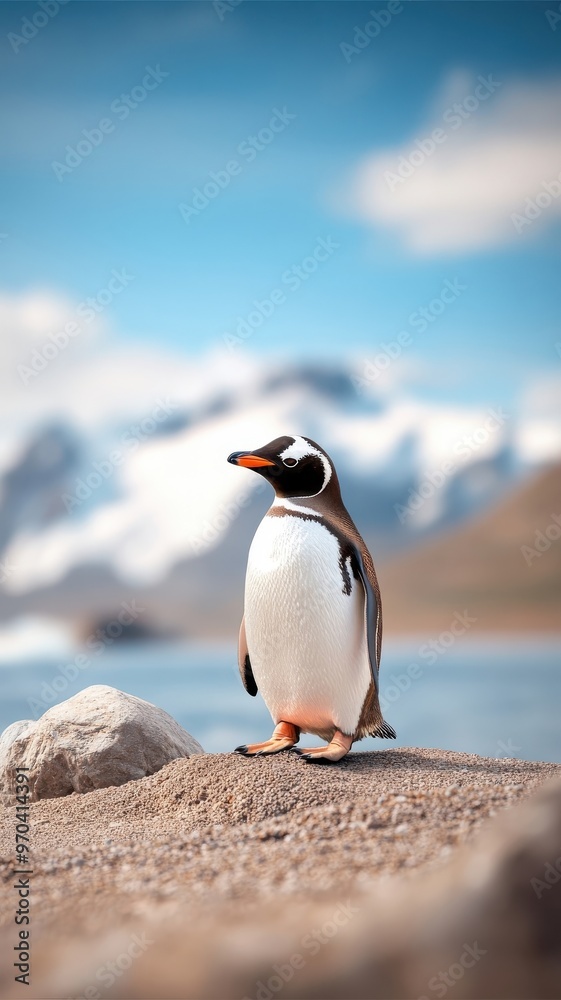 Fototapeta premium Penguin against an isolated background, showcasing its detailed feathers and unique appearance in a simple, uncluttered environment.