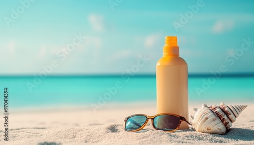 Sunscreen bottle, sunglasses, and seashell on a pristine white sandy beach.