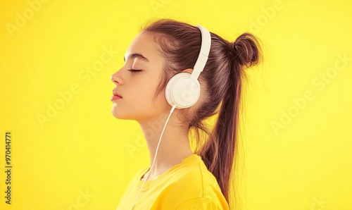 A young woman enjoying music with headphones against a vibrant yellow background, showcasing relaxation and joy. photo