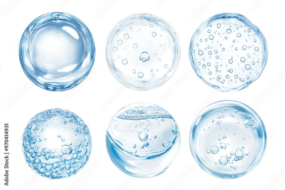 Water serum drop texture. Liquid gel with bubbles circle set . Clear toner, cosmetic product swatch isolated on white background , ai Water serum drop texture. Liquid gel with bubbles circle set . Clear toner, cosmetic product swatch isolated on white background , ai