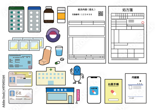 処方箋　お薬　保険証　調剤セット　カラー