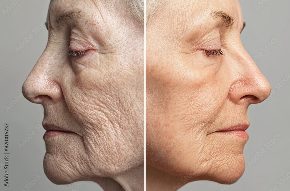 Fototapeta premiumA woman before and after using the facial treatment, showing her wrinkles fading out and her skin looking more radiant and smooth
