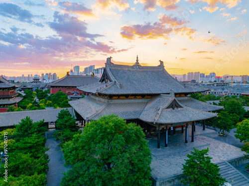 Aerial photography of Huayan Temple in Datong, Shanxi Province on a sunny summer day with blazing clouds