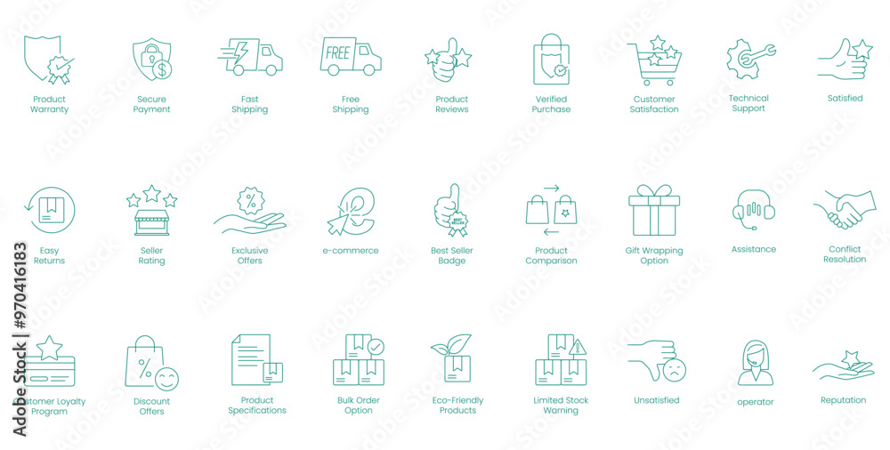 E-Commerce Essentials and Shipping Vector Icons Including Product Warranty, Secure Payment, and Discount Offers E-Commerce Essentials and Shipping Vector Icons Including Product Warranty, Secure Payment, and Discount Offers