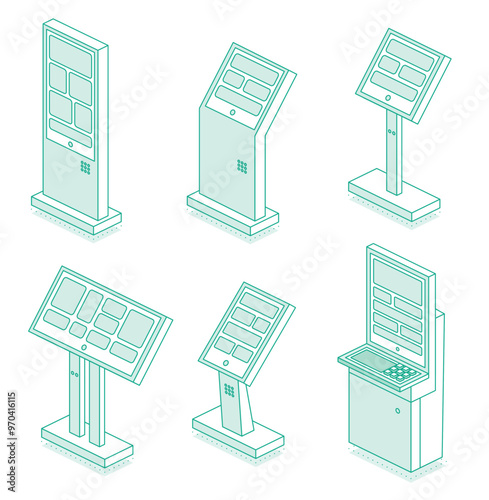 Isometric interactive kiosk set. Self service terminal in bank or on train station isolated on white background. Providing information.