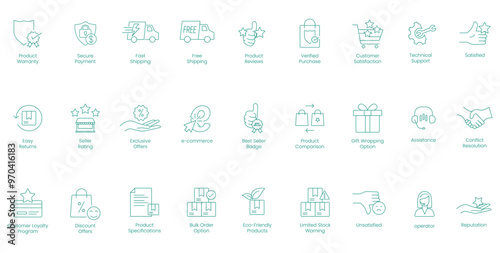 E-Commerce Essentials and Shipping Vector Icons Including Product Warranty, Secure Payment, and Discount Offers