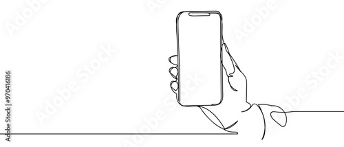 hand holding phone  line art style vector with transparent background.
