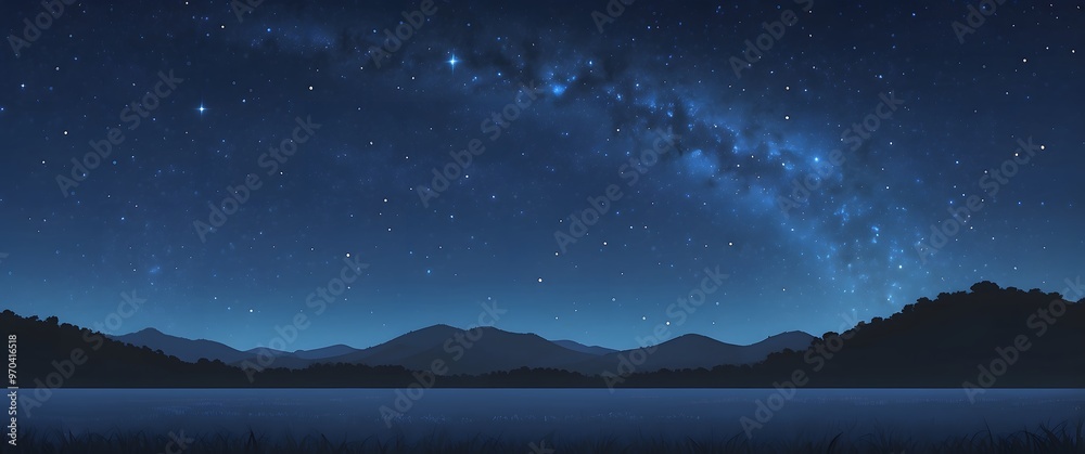 Starry night sky over misty mountains, sunrise casting golden light on the horizon Starry night sky over misty mountains, sunrise casting golden light on the horizon