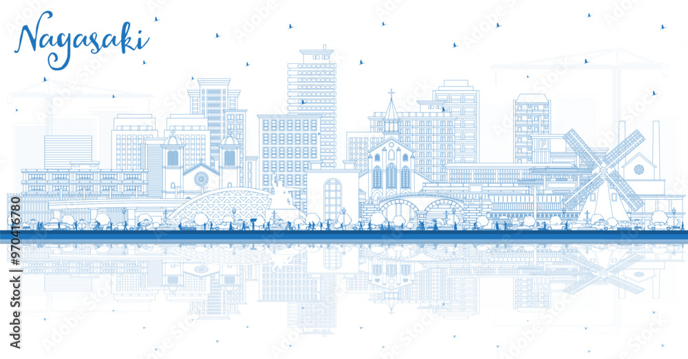 Outline Nagasaki Japan City Skyline with Blue Buildings and reflections. Nagasaki Cityscape with Landmarks. Business Travel and Tourism Concept with Historic Architecture. Outline Nagasaki Japan City Skyline with Blue Buildings and reflections. Nagasaki Cityscape with Landmarks. Business Travel and Tourism Concept with Historic Architecture.