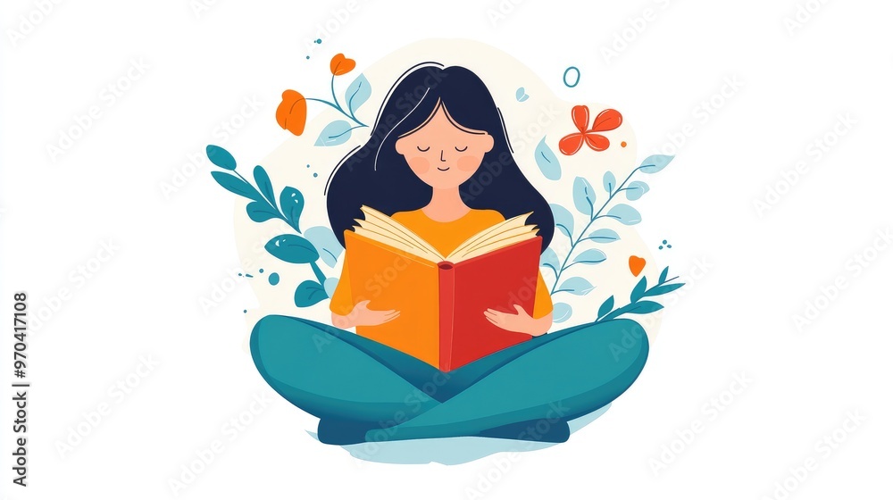 Flat vector illustration of a paper woman reading a book, symbolizing digital library access and education, no logos, white background. Flat vector illustration of a paper woman reading a book, symbolizing digital library access and education, no logos, white background.