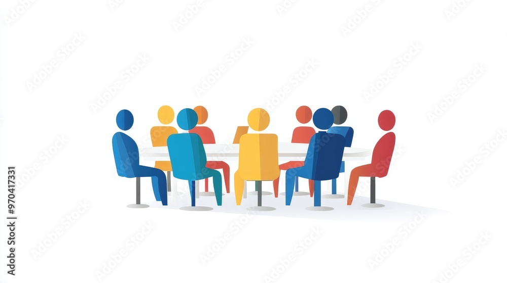 Flat vector illustration of paper people in a business meeting setting, representing online library education concept, isolated on white. Flat vector illustration of paper people in a business meeting setting, representing online library education concept, isolated on white.