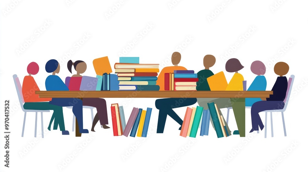 Flat vector of paper people at a meeting table, representing online education through libraries, no people, isolated on white. Flat vector of paper people at a meeting table, representing online education through libraries, no people, isolated on white.
