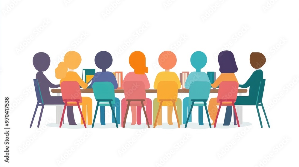 Flat vector of paper people discussing at a meeting, symbolizing online education in a library setting, no logos, isolated on white. Flat vector of paper people discussing at a meeting, symbolizing online education in a library setting, no logos, isolated on white.