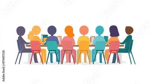 Flat vector of paper people discussing at a meeting, symbolizing online education in a library setting, no logos, isolated on white.