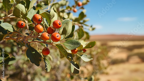 A detailed view of a bush tucker plant, native to the Australian Outback, with its edible fruits and distinctive leaves against the arid landscape  photo