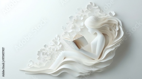 Illustration of a woman figure made of paper, engrossed in reading a book. Concept of online education and library, no logo, white background.