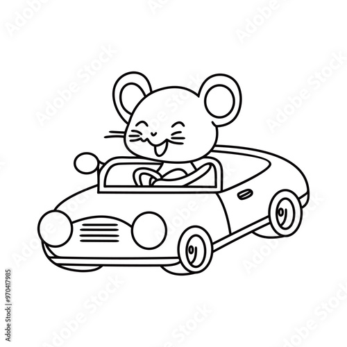 Cute mouse driving the car cartoon vector  line art
