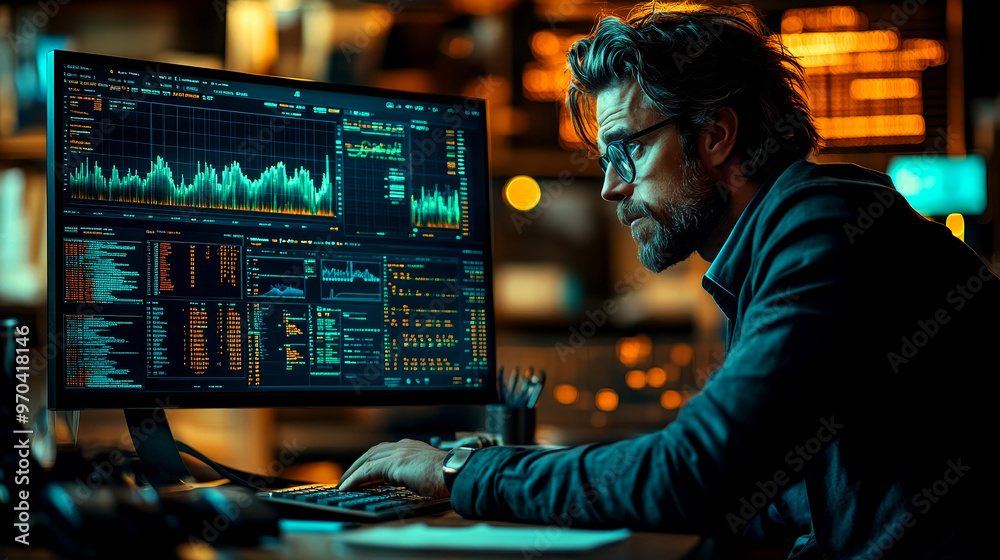 Financial analyst at work: large monitor displaying advanced financial graphs and data trends Financial analyst at work: large monitor displaying advanced financial graphs and data trends