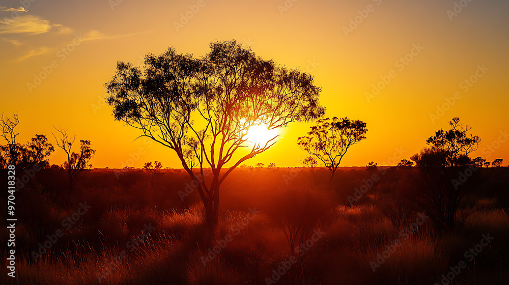 A sunset view over the Australian Outback, with silhouettes of hardy trees and shrubs, capturing the essence of the unique flora A sunset view over the Australian Outback, with silhouettes of hardy trees and shrubs, capturing the essence of the unique flora